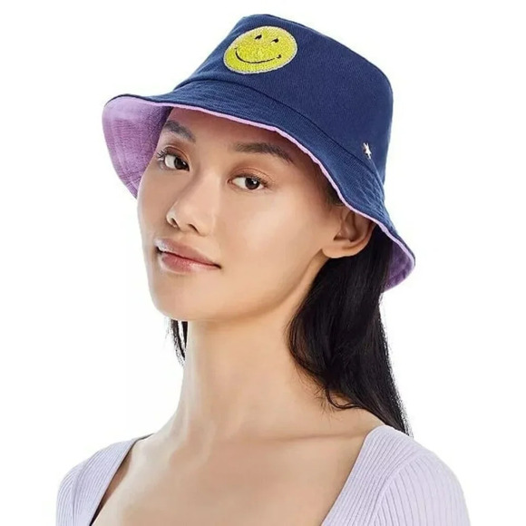 Jocelyn Women\'s Sequined Smiley Patch Bucket Hat in Navy O/S (MSRP $65) main image 4
